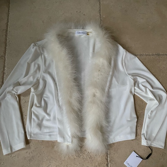 NWT Calvin Klein Marabou Feather Trimmed White Jacket Medium - Picture 1 of 8